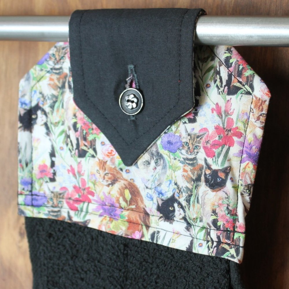 CAT PRINT HAND TOWEL BLACK TOWEL HANDMADE HANGING KITCHEN BLACK TERRYCLOTH